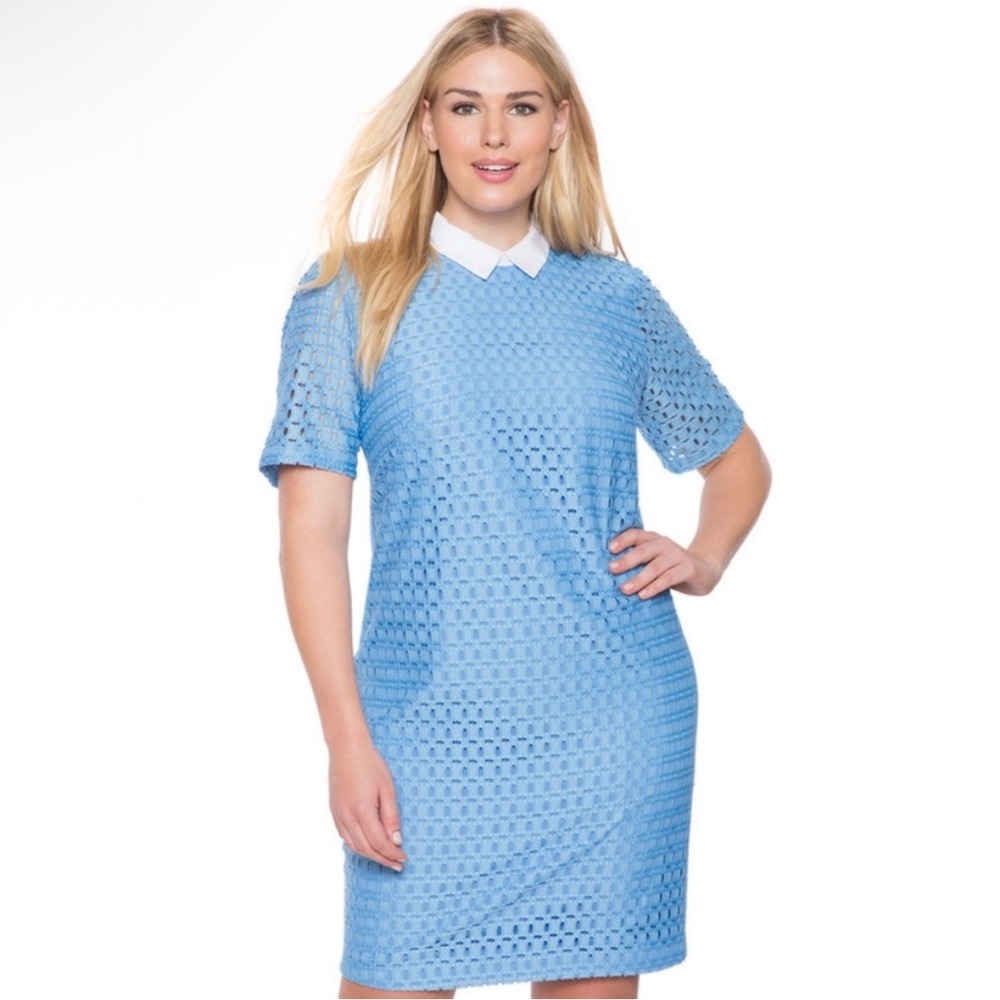 New Eloquii Blue Eyelet Lace Shift Dress Poplin Collar Collared Plus Size 18 NWT - Picture 9 of 11